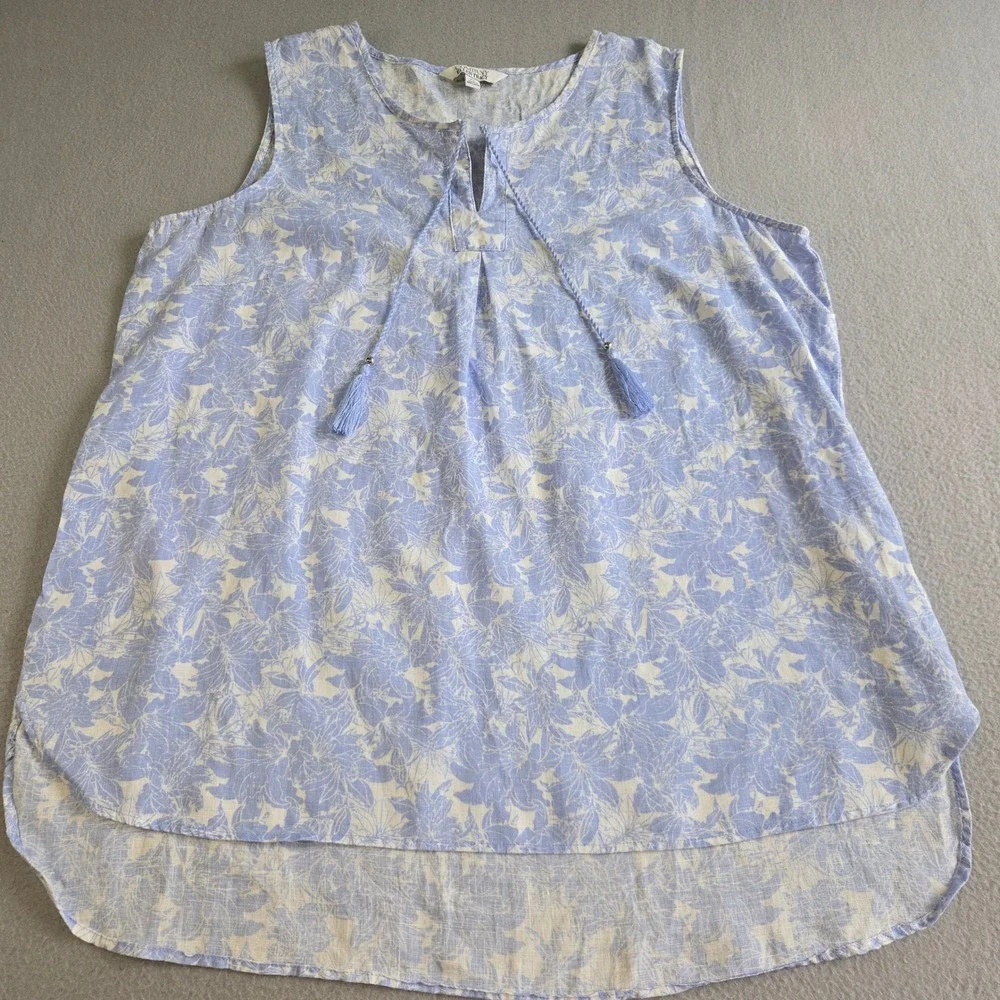 Company Ellen Tracy Tank Top Women XL Blue Floral 100% Linen Tassel High-Low